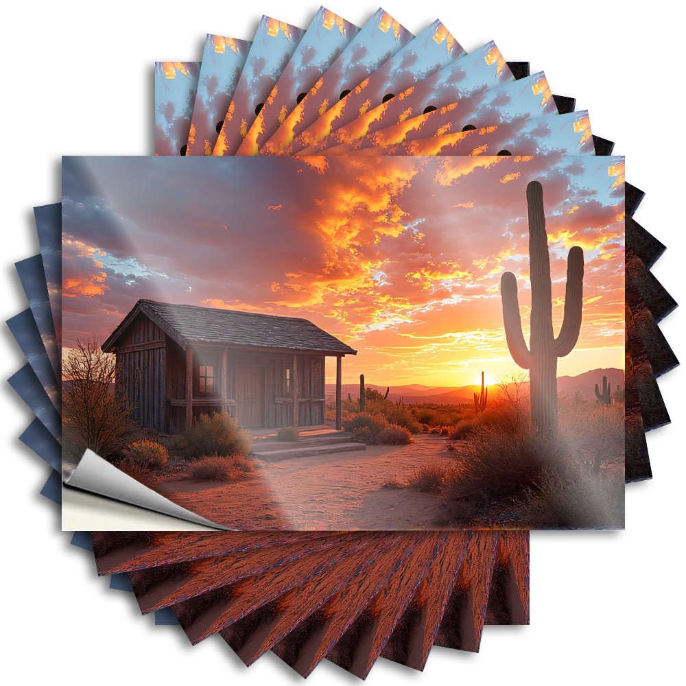 Decal - Core Water Desert Sunset with Wooden Cabin and Cactus. for Drinking Stuff for Bedroom(8X12CM)