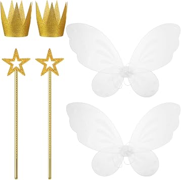 Sratte 6 Pcs Halloween Girls Fairy Costume Set, Fairy Wings Dress Up Wings Star Wand and Gold Crowns, Halloween Costume Dress Up Accessories 13 Inches Gold Wand Party Crowns Birthday Decorations