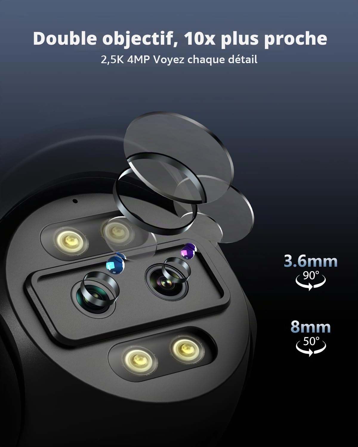Ctronics 2.5K 4G LTE Caméra de Surveillance Extérieure à Double Objectif Zoom Hybride 10X, Suivi Auto, Vision Nocturne Couleur 30m, Rouge/Bleue, PC/App, NVR/FTP, Cloud/Carte TF 128Go, Murale & Plafond