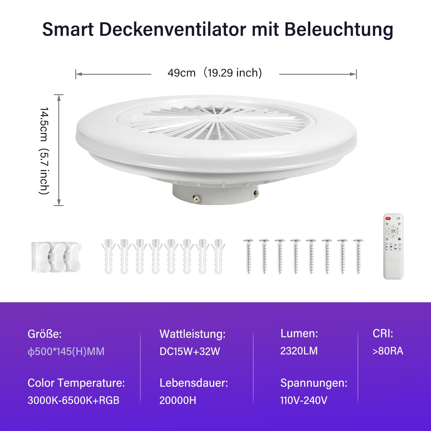Deckenventilator mit Beleuchtung, Smart RGB LED lampe mit ventilator 3 Farbtemperaturen, deckenlampe mit licht 6 Geschwindigkeiten, Timer, Sommer-Winterbetrieb, Deckenleuchte für Wohnzimmer