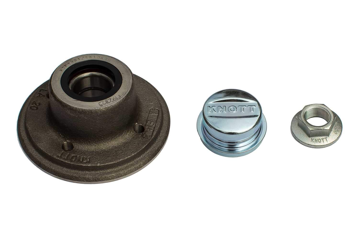 Knott Buje con Rodamiento para Eje de Remolque sin Freno 4x100, Kit de Repuesto Completo con Tuerca y Tapa Protectora, Compatible con Ejes Knott VG7, VG10 y VG13