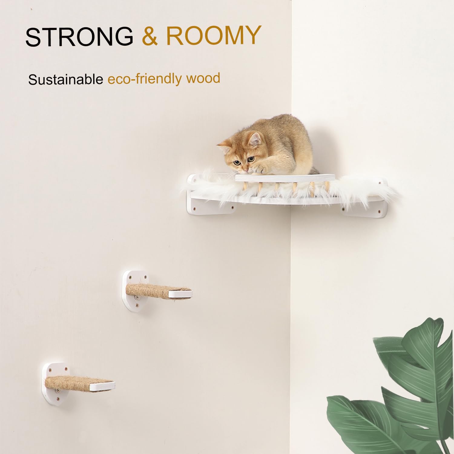 Katzen-Wandregale, 3 Stufen, Kratzbaum & Hängemattenbett, Eck-Katzenmöbel mit Plüschbezogenem Kletterregal für Indoor-Katzen (Weiß)