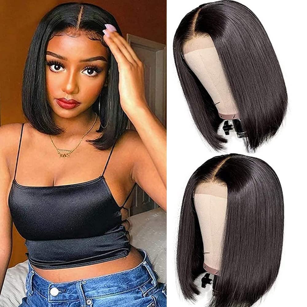 Human Hair Wig 4x4 Lace Front Bob Wigs Straight Brazilian Lace Wigs 180% Density Short Bob Wig for Black Women Natural Colour (8 inch)