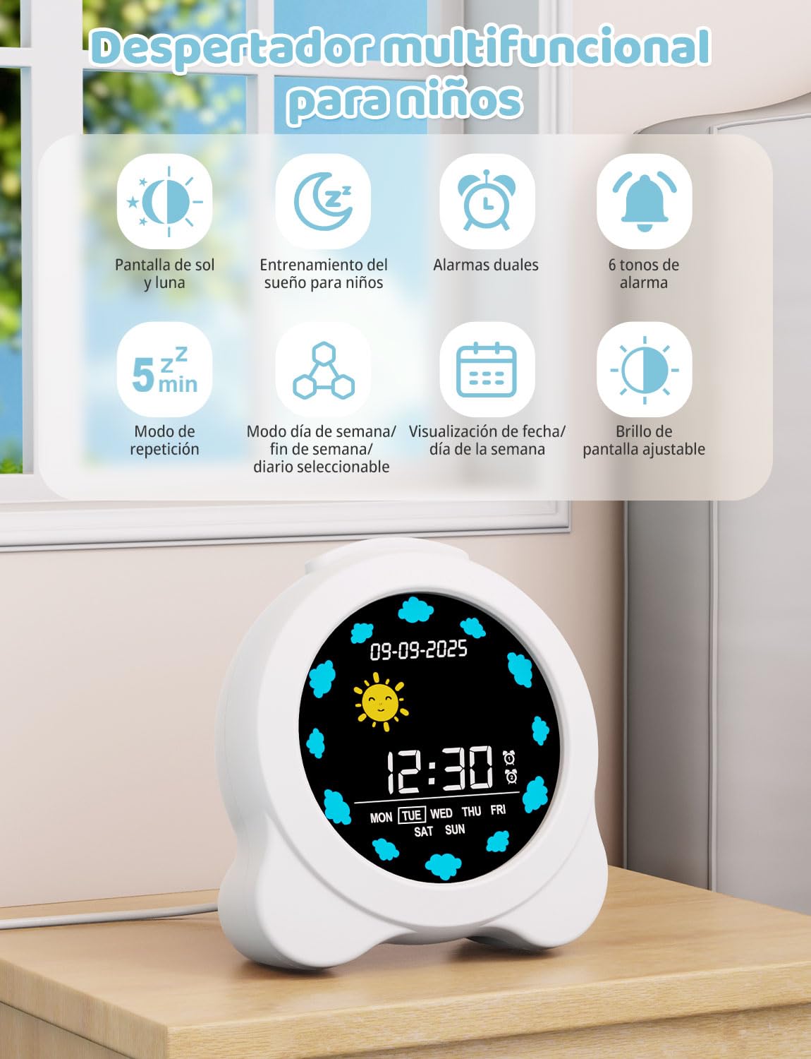 YISSVIC Despertador Infantil 2 Alarmas Brillo Ajustables 3 Volumenes 6 Músicas, Reloj Despertador Digital Función de Repetición Entrenamiento del Sueño para Niños