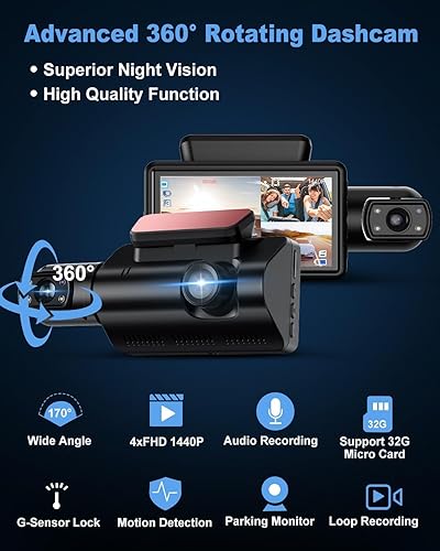 Miniatura 10 de Dash Cam Front and Rear, 360 Camera for Car with 2 Channel FHD 2K+1080P, 3" LCD Dashcams for Cars with 32GB SD Card, Super Night Vision Car