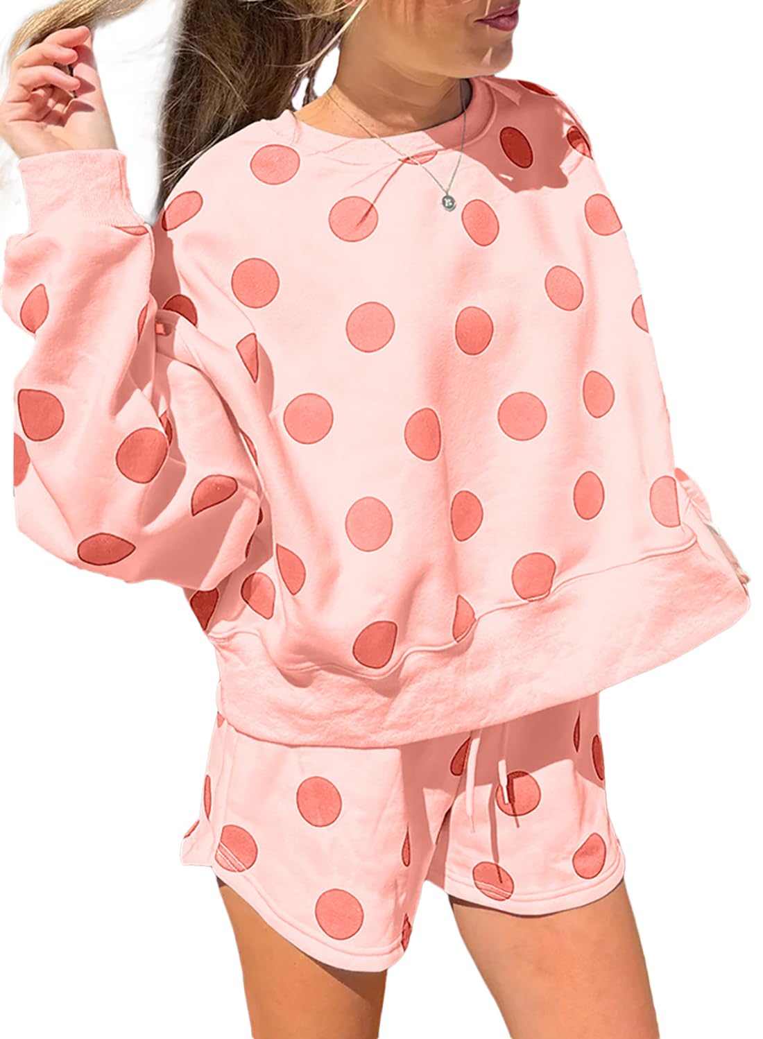 KevaMolly Womens Two Piece Lounge Sets Polka Dot Print Drop Shoulder Oversized Pullover Drawstring Shorts Set Small Pink