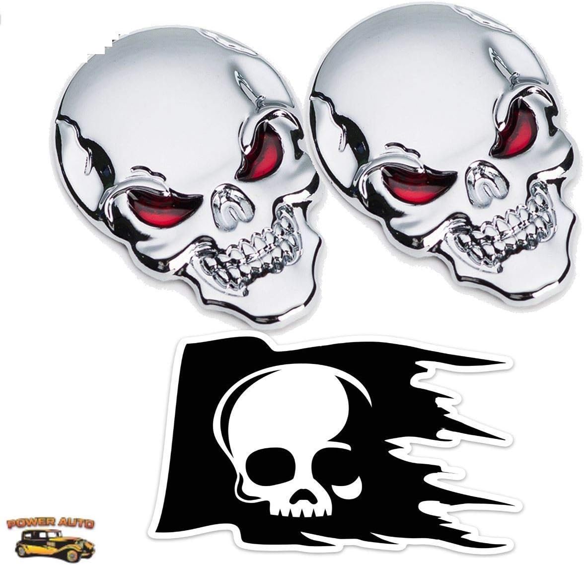 Metal Skull Car Emblem - Power Auto 2 pcs. Skull Head with Red Eyes Emblems 3D Zinc Alloy Peel-N-Stick Plus Skull Skeleton Die-Cut Thick Durable Vinyl Weatherproof Decal Sticker (2 Silver, 1 Decal)