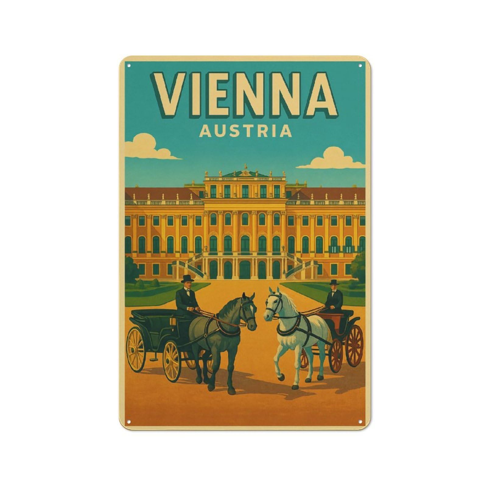 Junmoney Style-11 Decorative Tin Plaque With Vienna Austria Vintage Travel Design 30X20cm, Nostalgic Home Bar Decor For Bar, Kitchen, Garage Or Games Room