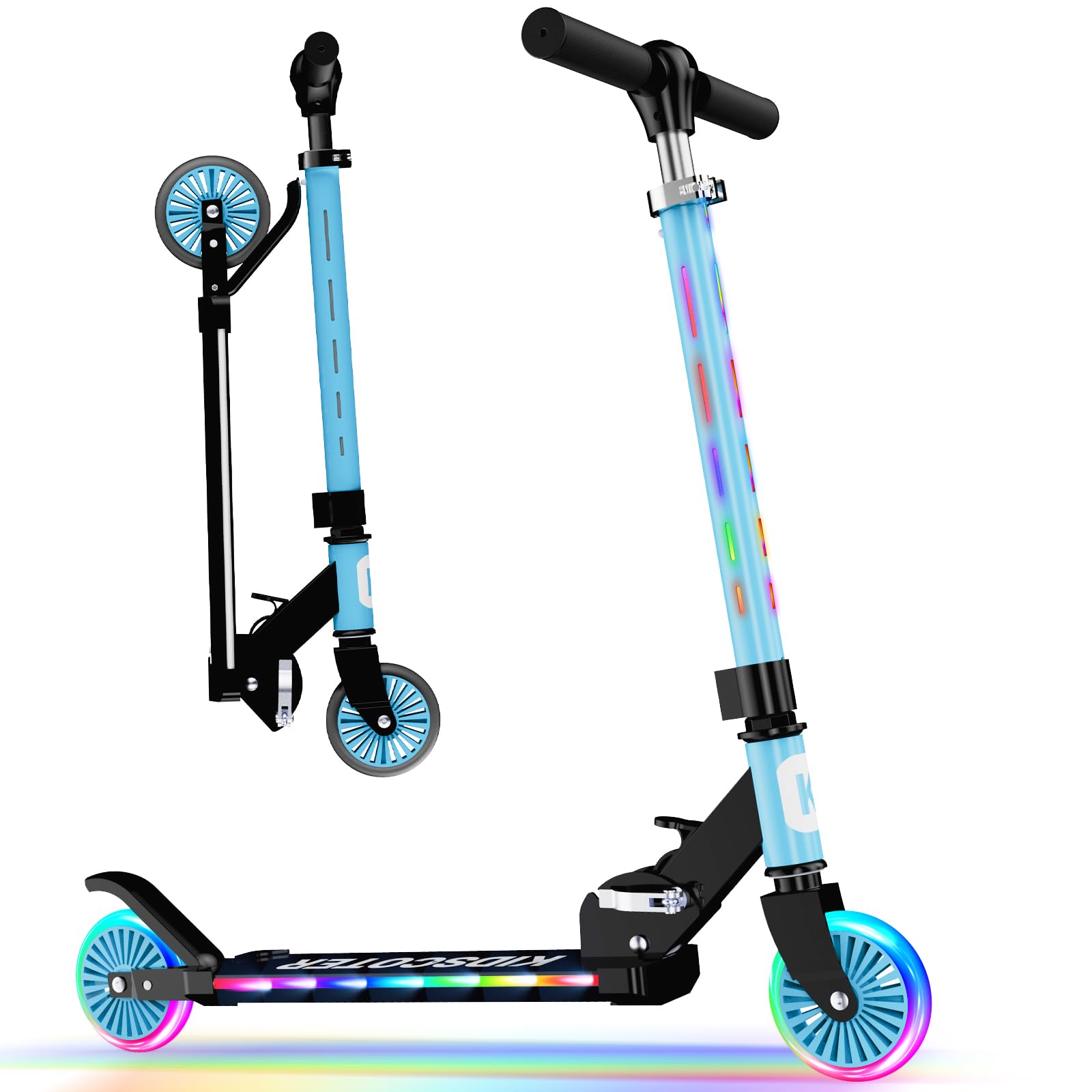 Trottinette à 2 roues pour enfants de 3 à 12 ans, roues lumineuses et tige à DEL, hauteur réglable et pliable, trottinette de sport légère pour filles et garçons avec béquille