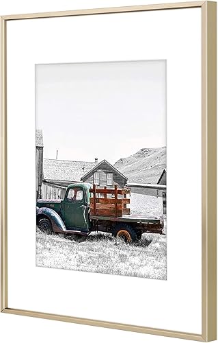 Vista 308 de Golden State Art - Marco de fotos de aluminio satinado clásico de 8 x 10 con alfombrilla de color marfil para fotos de 5 x 7 y cristal real, Dorado