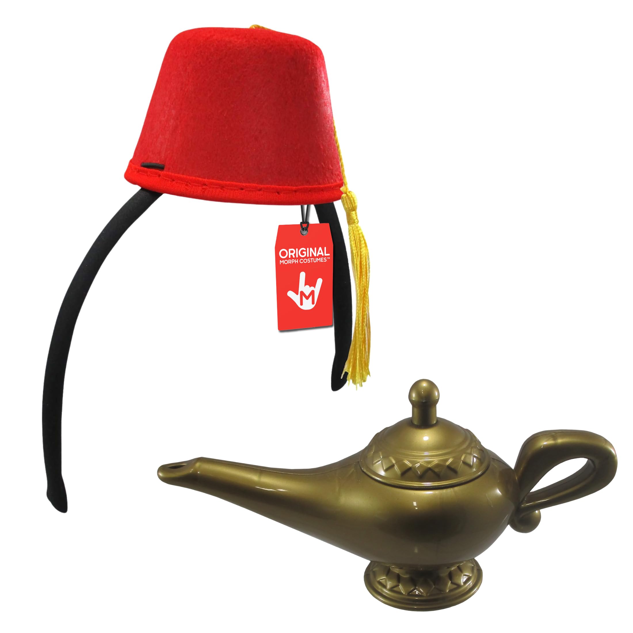 Nicky Bigs Novelties Red Fez Hat & Genie Lamp Set, Gold Halloween Costume