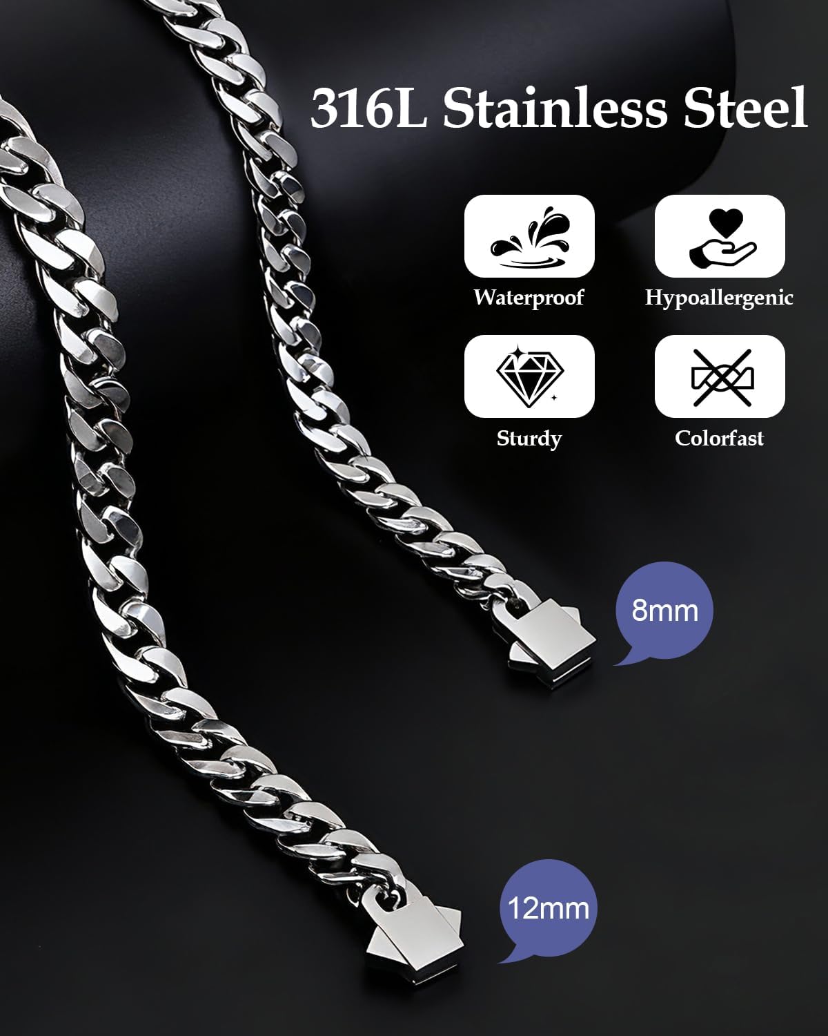 Stainless Steel Cuban Link Bracelet, 8mm/12mm Width, 7.5"/8.3" Length, Silver Wrist Bracelets for Men Women, with Gift Box - Image 3