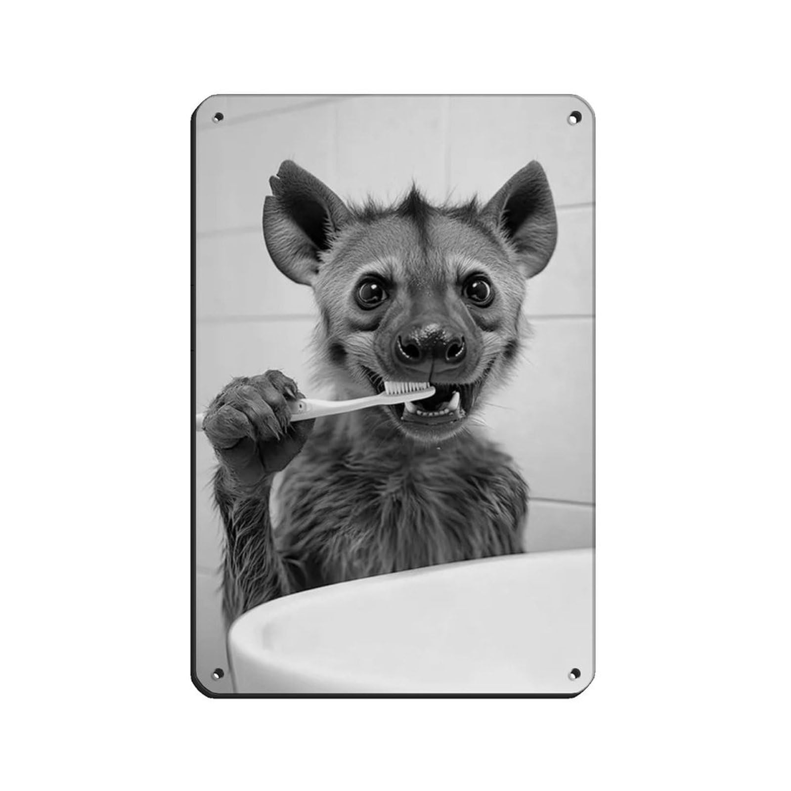 Hyena Brushing Teeth, Funny Bathroom Art Tin Sign Vintage Metal Pub Club Cafe Bar Home Wall Art Decoration Poster Retro 8x12inch(20x30cm)