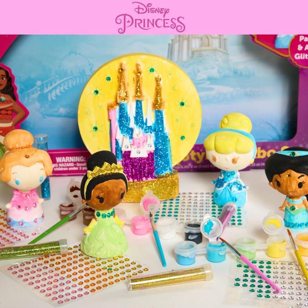 Disney Princess DIY Paint Your Own Figurines Arts and Crafts Set for Girls, Jumbo Figurines, Paint, Paint Brush, Glitter, and Gem Adhesives, Cinderella, Belle, Tiana, Jasmine, and Princess Castle