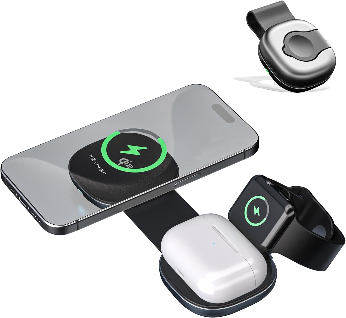 3 in 1 Fast Charging Station for Apple Devices/Wireless Charging Station Compatible with Magsafe Charger Stand/Foldable Magnetic Travel Wireless Charger (Black)