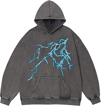 Vamtac Lightning Graphic Hoodies for Men Oversized Unisex Wash Hoodie Y2k Vintage Pullover Hooded Sweatshirt