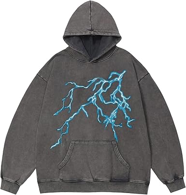 Vamtac Lightning Graphic Hoodies for Men Oversized Unisex Wash Hoodie Y2k Vintage Pullover Hooded Sweatshirt