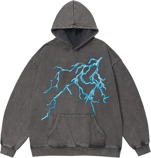 Vamtac Lightning Graphic Hoodies for Men Oversized Unisex Wash Hoodie Y2k Vintage Pullover Hooded Sweatshirt