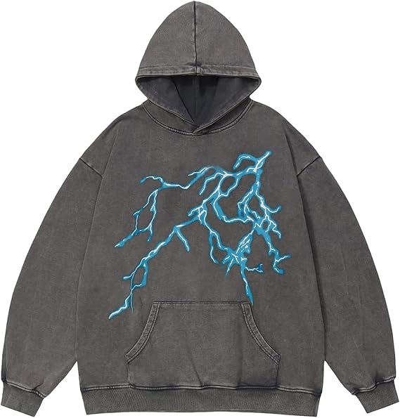 Vamtac Lightning Graphic Hoodies for Men Oversized Unisex Wash Hoodie Y2k Vintage Pullover Hooded Sweatshirt
