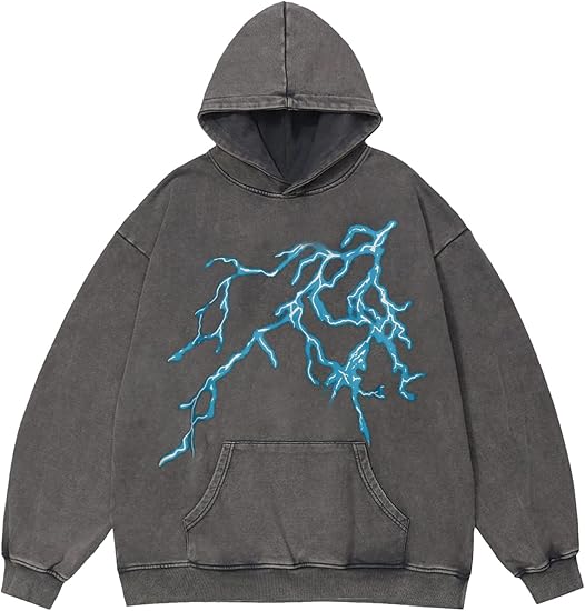 Vamtac Lightning Graphic Hoodies for Men Oversized Unisex Wash Hoodie Y2k Vintage Pullover Hooded Sweatshirt