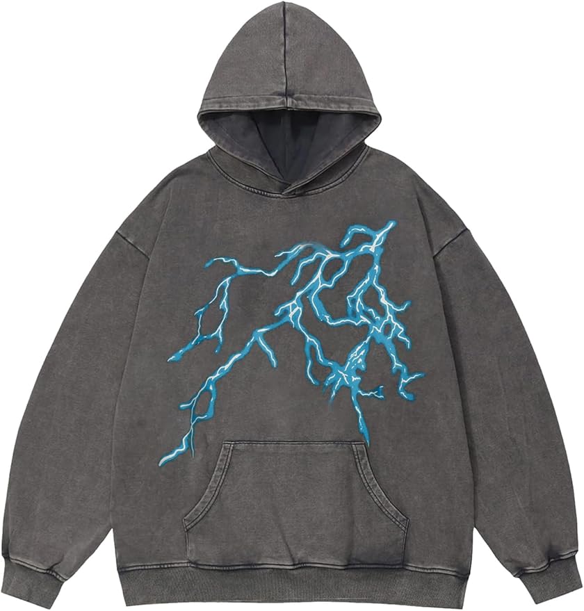 Vamtac Lightning Graphic Hoodies for Men Oversized Unisex Wash Hoodie Y2k Vintage Pullover Hooded Sweatshirt