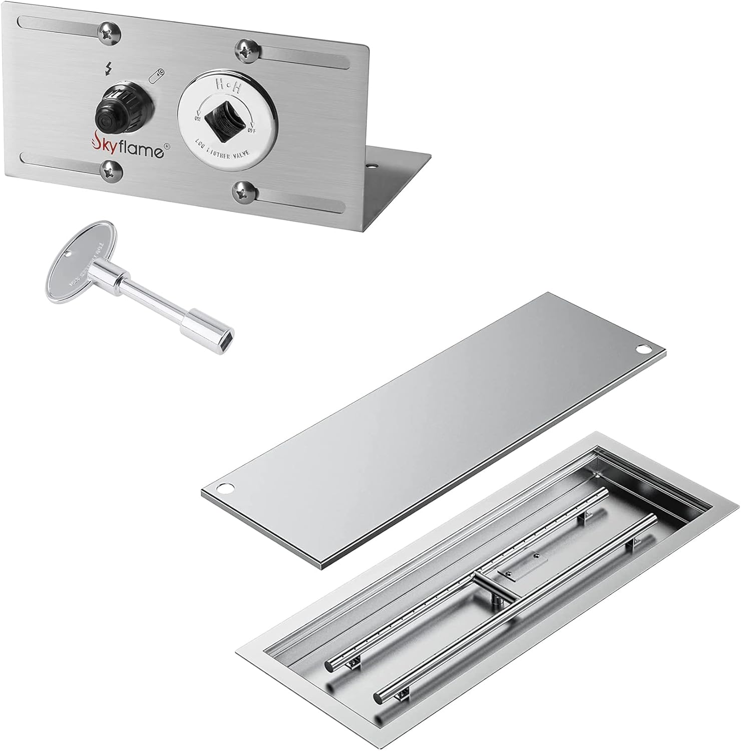 Skyflame Rectangular Stainless Steel Drop-in Fire Pit Pan Kit and Fire Pit Gas Burner Spark Ignition Kit