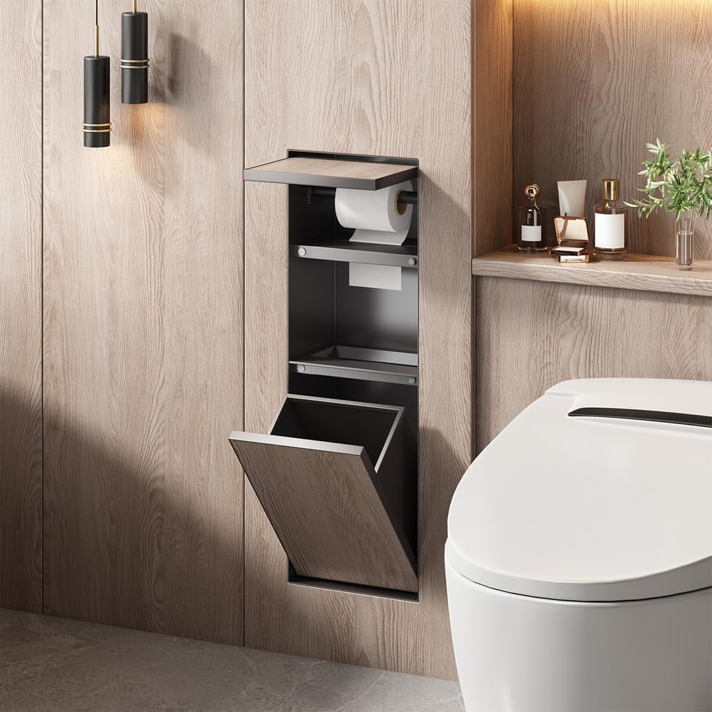 304 Stainless Steel Concealed Bathroom Storage Cabinet Recessed Toilet Paper Holder&Hidden Garbage Bin Waterproof Metal Niche Tile-Ready for Toilet Bathroom Kitchen Hotel,B