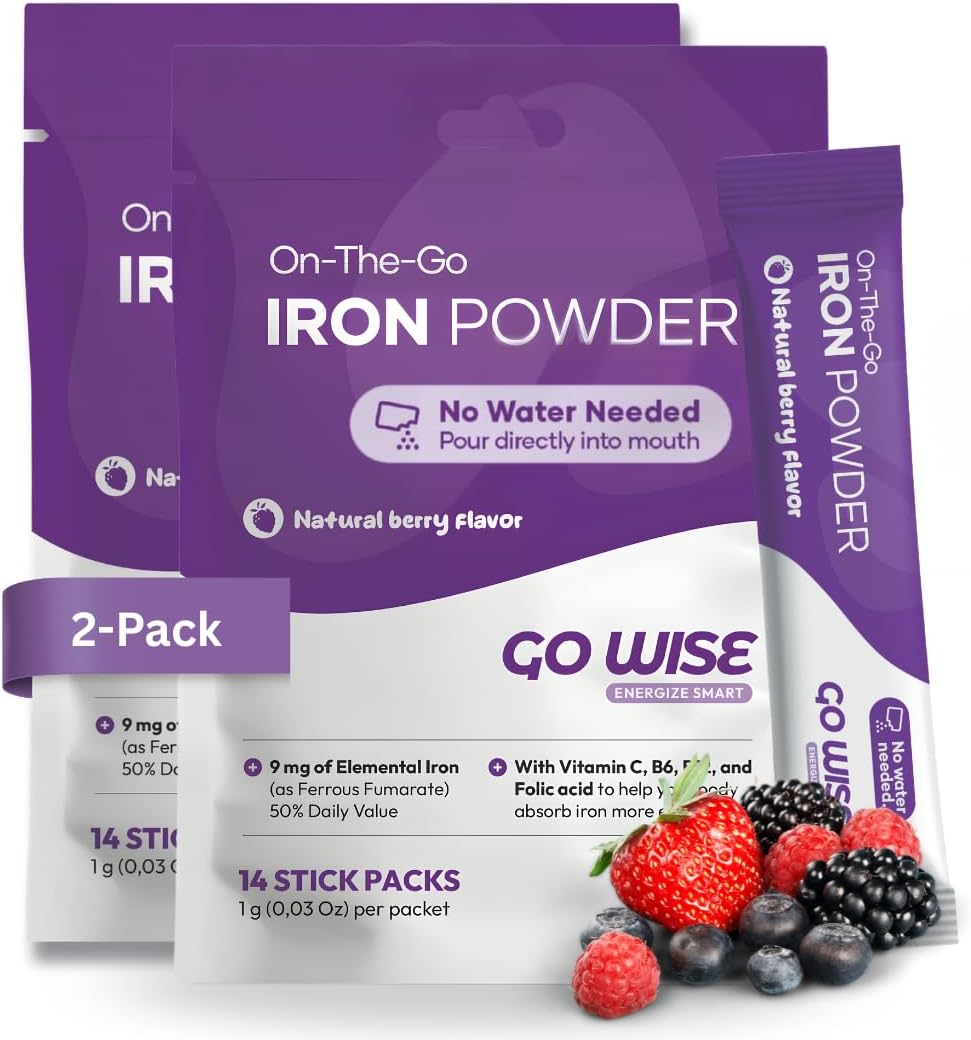 Go Wise Gentle Iron Powder Supplement No Water | with Vitamin C, B6, B12 & Folic Acid | Supports Low Ferritin, No Metallic Taste | Vegan Iron Supplement for Women, Men & Bariatric |28 Packs