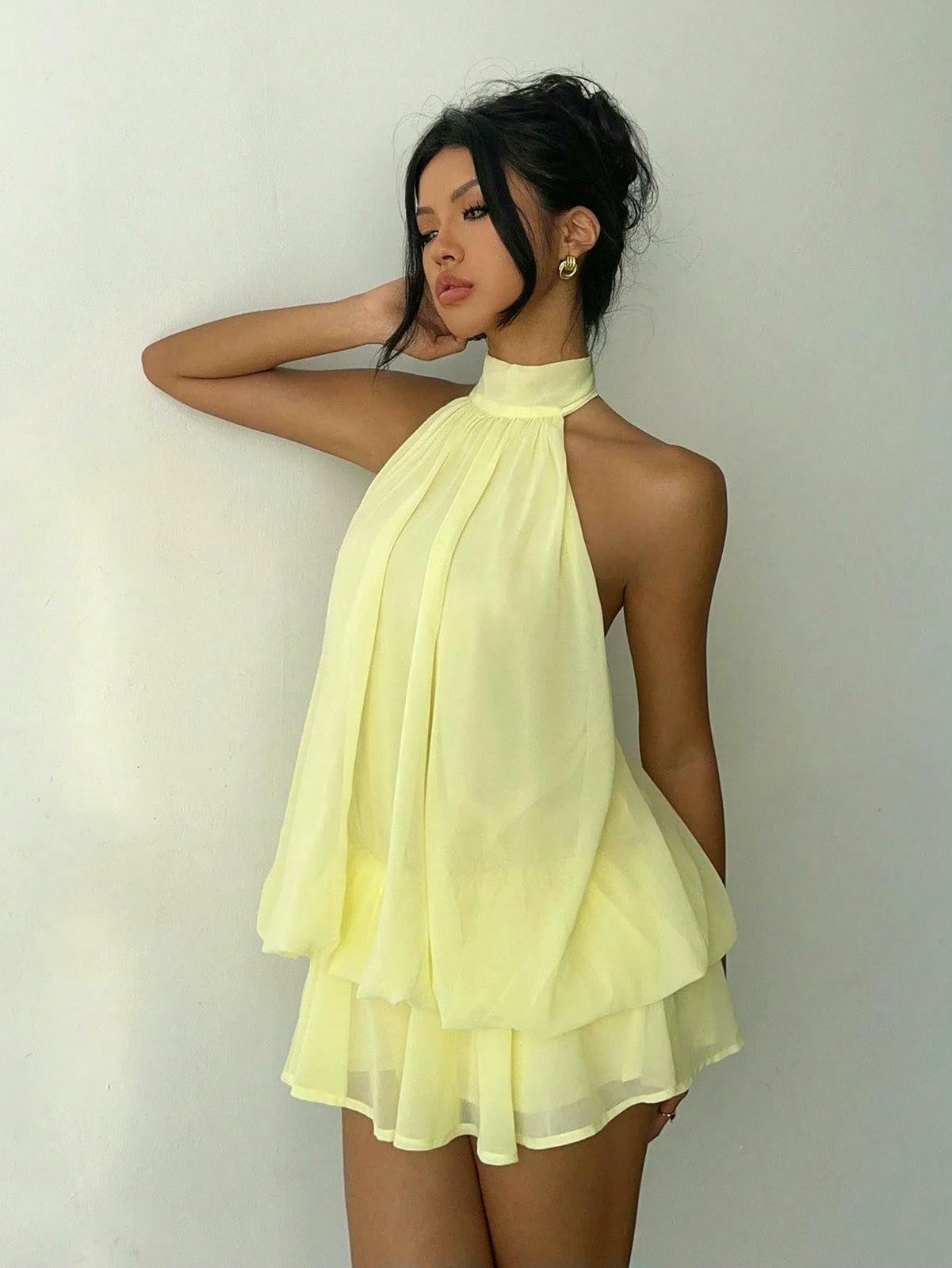 Abito Donna Mini Senza Maniche in Chiffon da Donna, Elegante Estivo Fluido A Strati con Collo Alto per Feste E Vacanze-Marrone-l