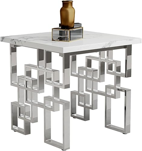 Miniatura 12 de AUZ Mesa auxiliar dorada, moderna mesa auxiliar cuadrada para sala de estar con parte superior blanca y base geométrica de metal dorado espejado