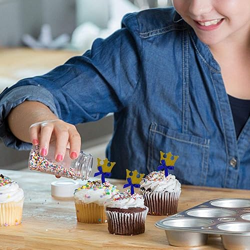 Miniatura 5 de Decoración para cupcakes con corona dorada, con cinta azul, decoraciones de cumpleaños para niños, príncipe real, reunión de niños, bricolaje,