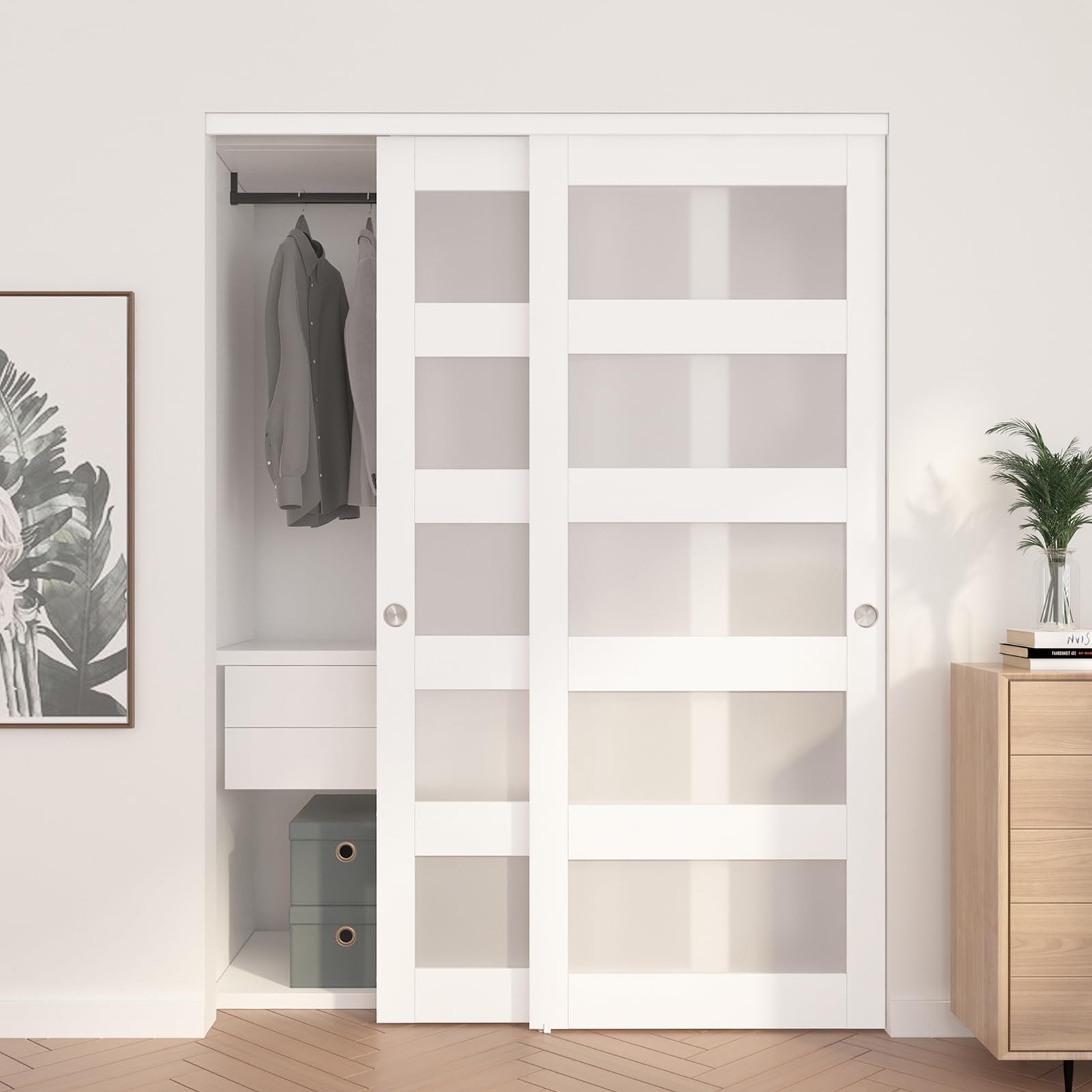 jubest sliding closet door 60"(double 31") x 80", 5-lite frosted glass bypass door with hardware kit & matching fascia, pre-drilled solid wood slab with water-proof pvc surface, easy to install, white