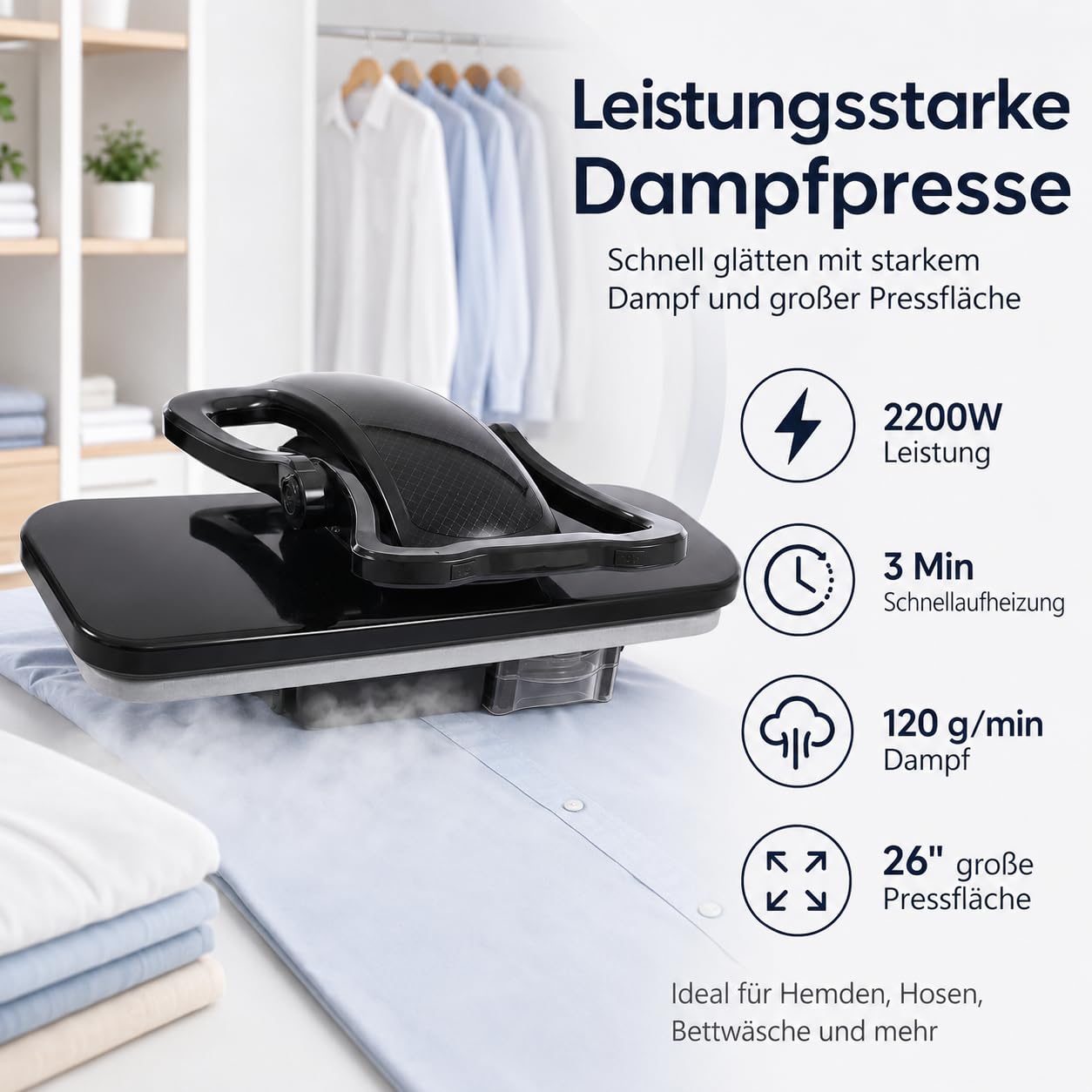 Pressa a vapore intelligente da 2200 W, con 5 impostazioni di tessuto, regolazione della temperatura 90-200 ℃, con touch screen, pressa da stiro