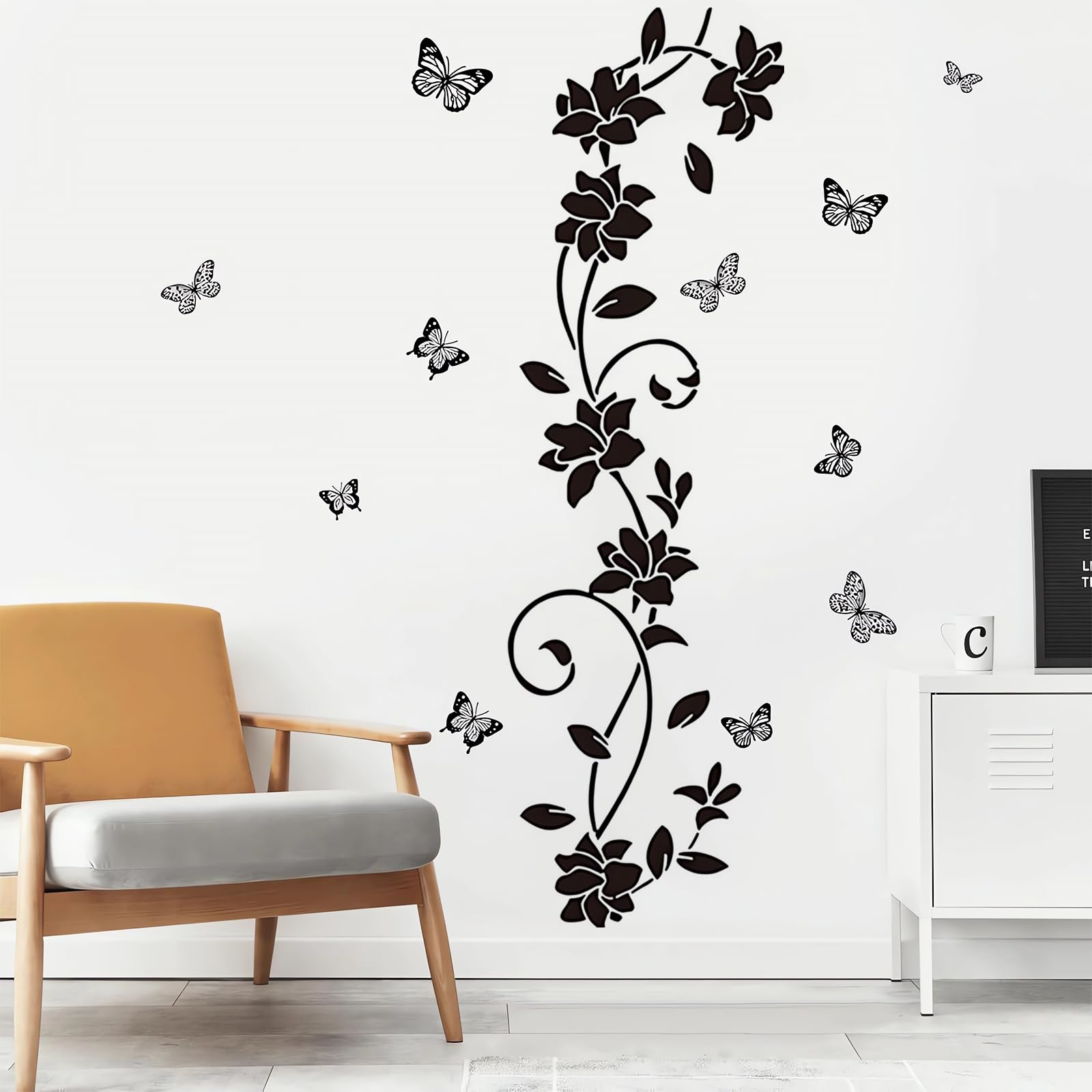 2 Sets Stickers Muraux Noir Design Moderne Fleurs Vigne et Papillons Autocollant PVC Autocollant pour Decoration Miroir Glass Fenêtre Surface Lisse Salon Chambre Salle de Bain Bureau 30x90cm