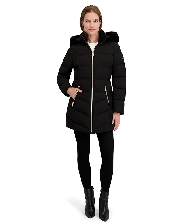 Laundry By Shelli Segal Women's Stretch Quilted Puffer Jacket– Winter Coat, Zip-Off Hood Turnback Faux Fur, Black, Medium by Laundry by Shelli Segal - Image 4