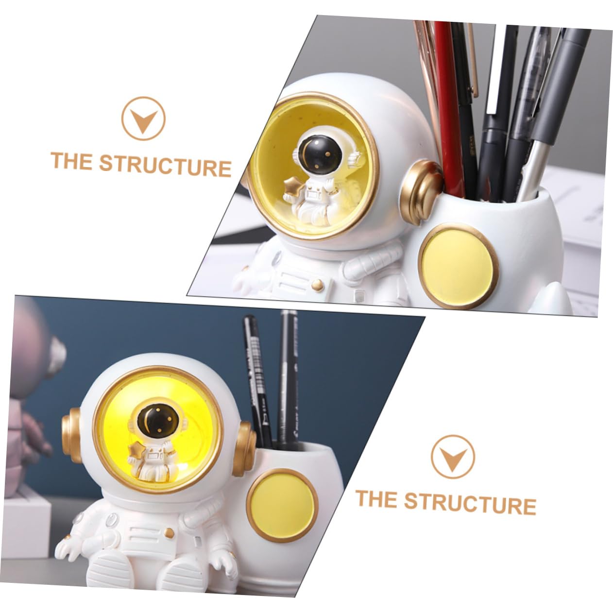 Portapenne Astronauta in Resina con Luce Led, Capacità Grande per Penne e Biglietti da Visita, Accessorio Ufficio Bianco per Scrivania Bambini