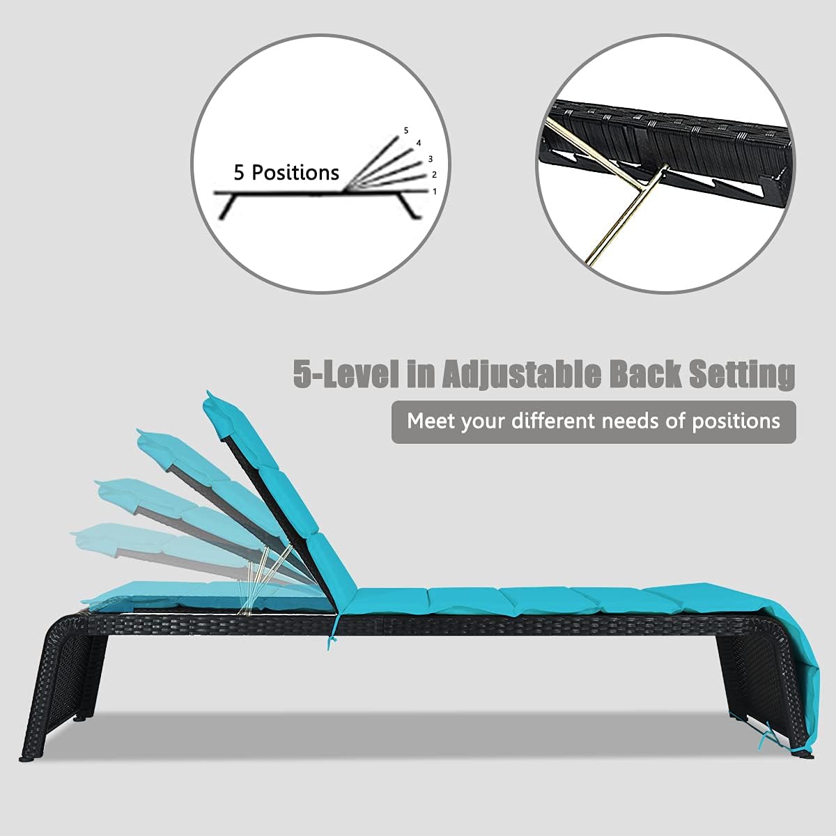 DORTALA Outdoor Chaise Lounge Chair, 5-Position Adjustable Rattan Recliner Chair w/Cushioned Seating and Adjustable Feet, Multifunctional Couch Furniture forPatio, Poolside, Turquoise
