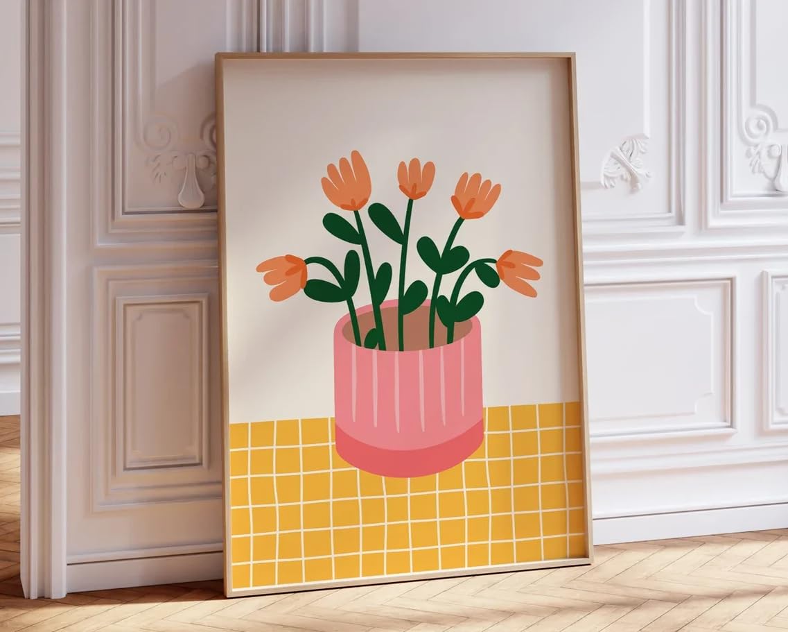 Rumlly Flower Vase Print, Trendy Wall Art, Flowers Tulips Canvas Poster, Pink Orange Dopamine Maximalist Decor(50x70cm/Frameless)