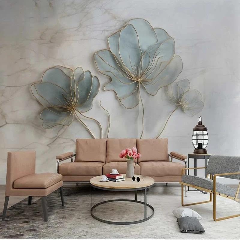 Papier peint fleurs bleues 3D pour masquer un mur abime de salon sans coller