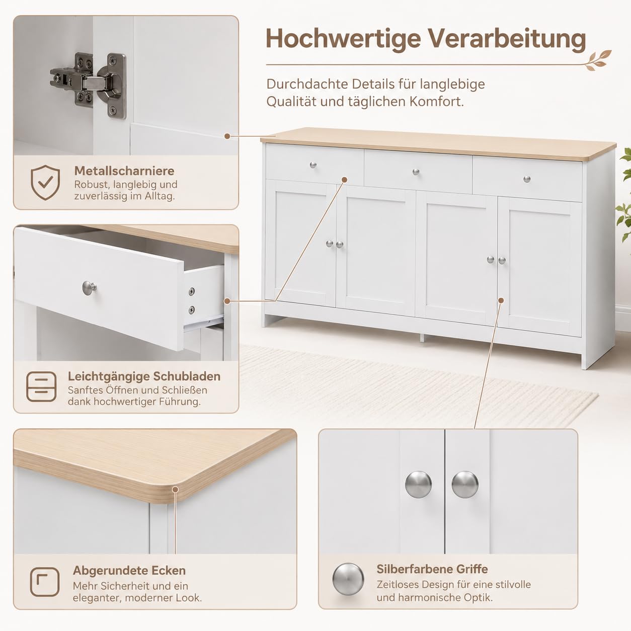 Sideboard Wohnzimmer, Sideboard Weiss Holzmaserung, Küchenschrank Buffetschrank Mit 3 Stauraum Schublade Und 4 Türen, Kommoden Sideboards Für Wohnzimmer Esszimmer Flur