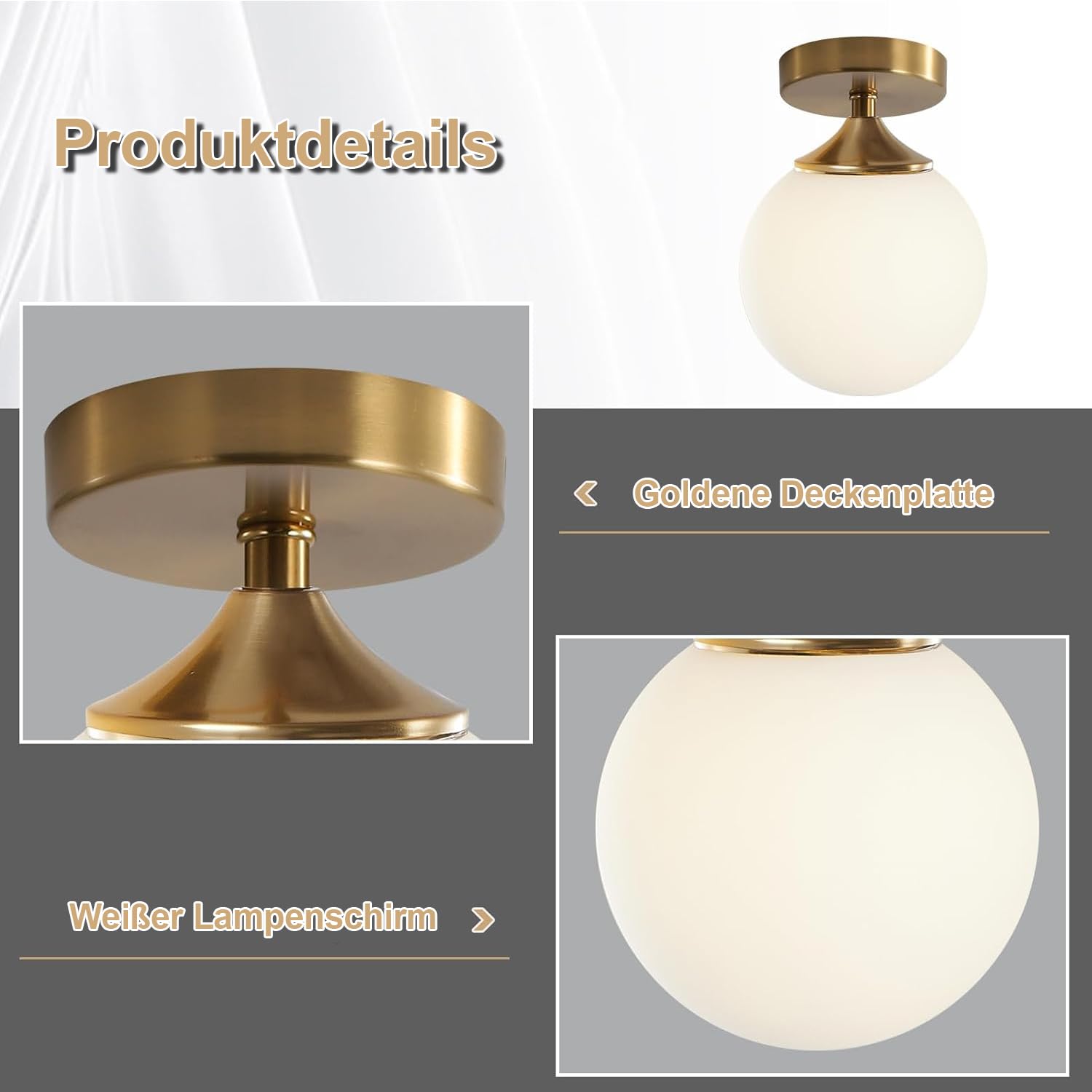 KCO Lighting Deckenleuchte Gold Halb-Bündig — Kugelförmige Glas-Lampe E27 für Flur, Eingang & Schlafzimmer, Ø 15 cm, Inkl. LED-Leuchtmittel, Werkzeuglose Montage