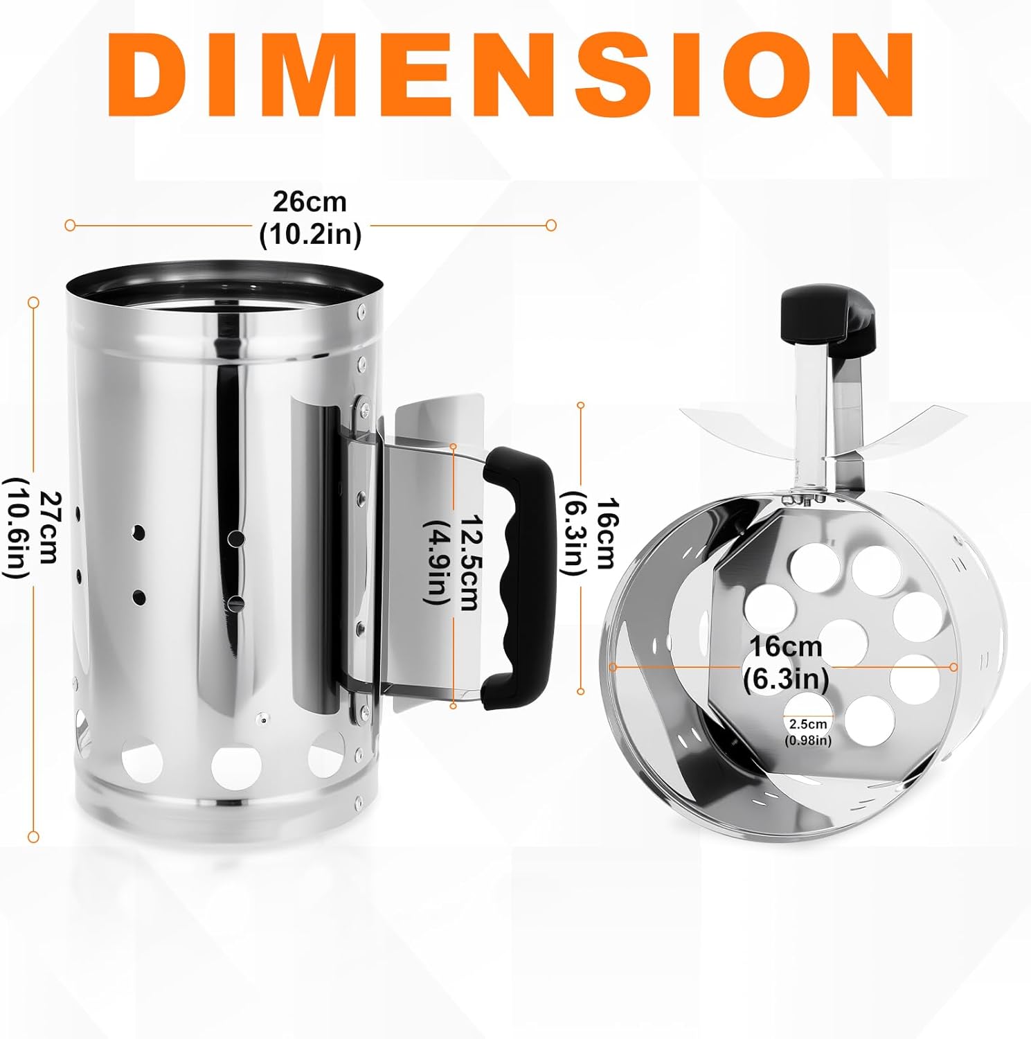 Charcoal Chimney Starter, BBQ Grill Quick Rapid Fire Starter Chimney for Outdoor Barbecue Cooking Camping, Sturdy and Easy to Use, Stainless Steel（10.62" x 6.3"）