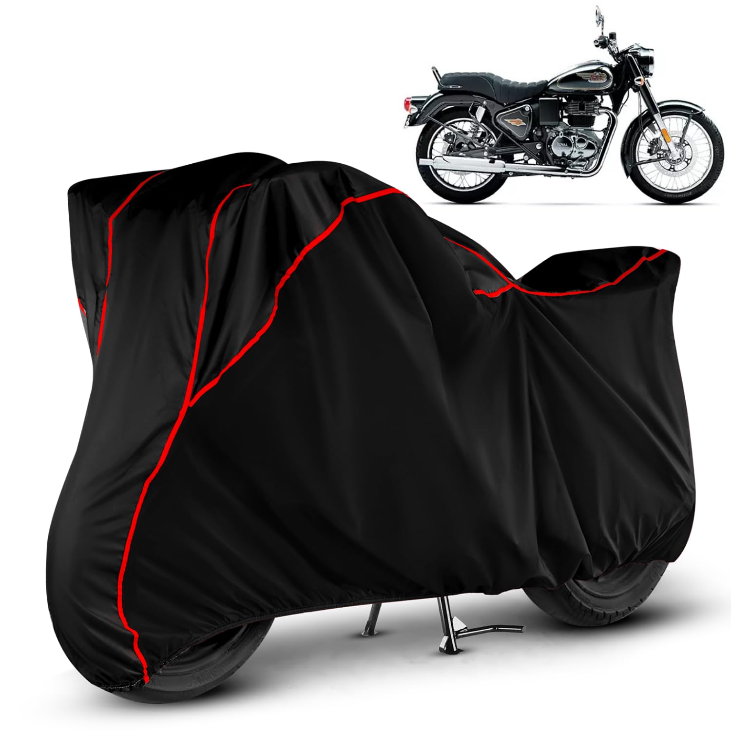 Water Resistant Bike Cover Dustproof UV Protection Bike Body Cover Compatible with Bullet 350 All-Weather Protection with Red Piping - Black-image-33