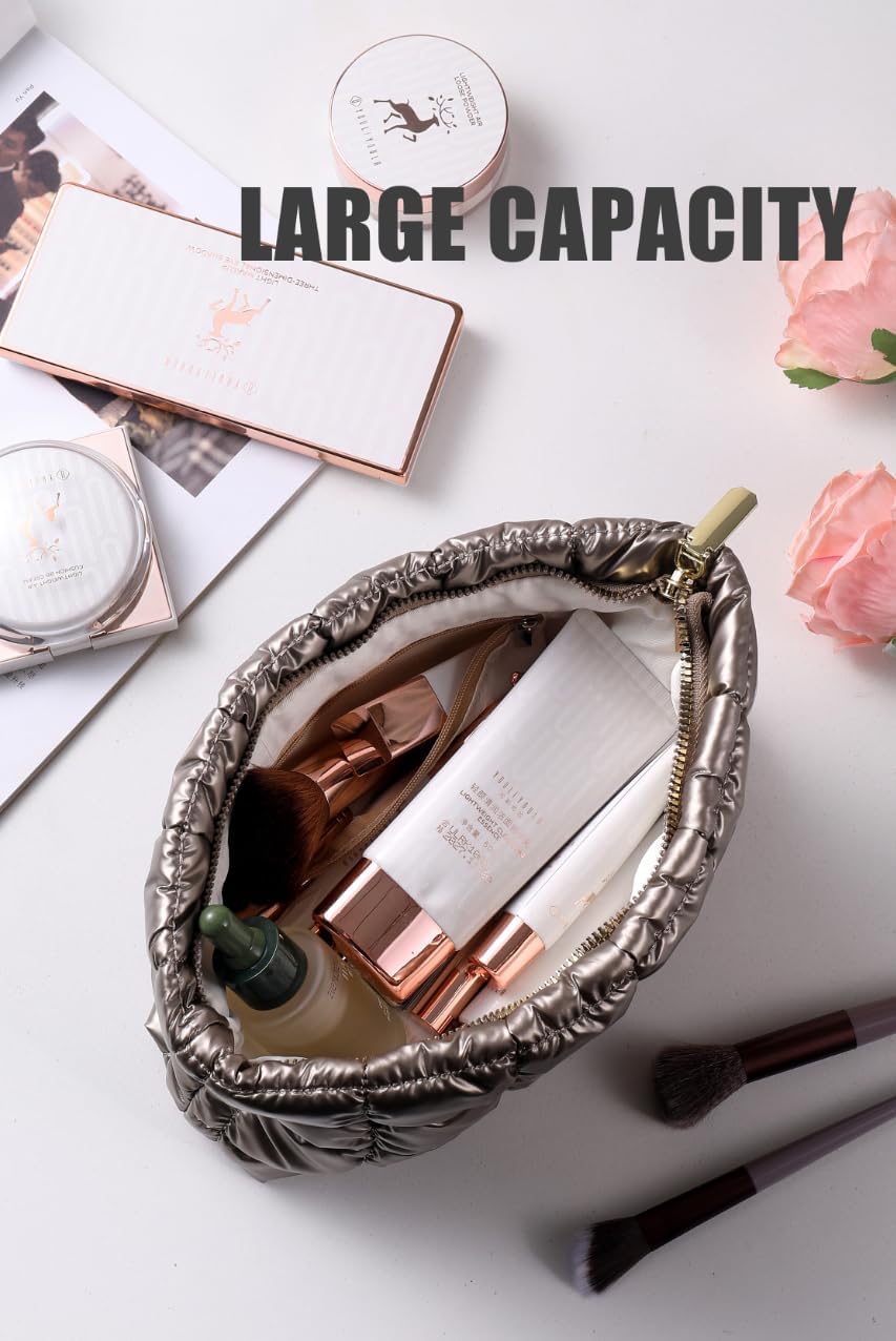 Puffy Quilted Makeup Bag, Cosmetic Bag, Travel Toiletry Organizer Pouch, Clutch for Women (Gold) - Image 5