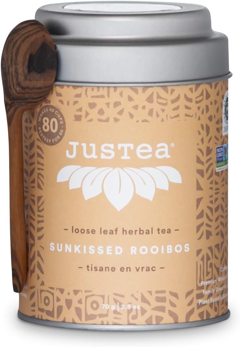 JusTea SUNKISSED ROOIBOS | Loose Leaf Herbal Tea with Hand Carved Tea Spoon | 40+ Cups (2.5oz) | Caffeine Free | Award-Winning | Fair Trade | Non-GMO