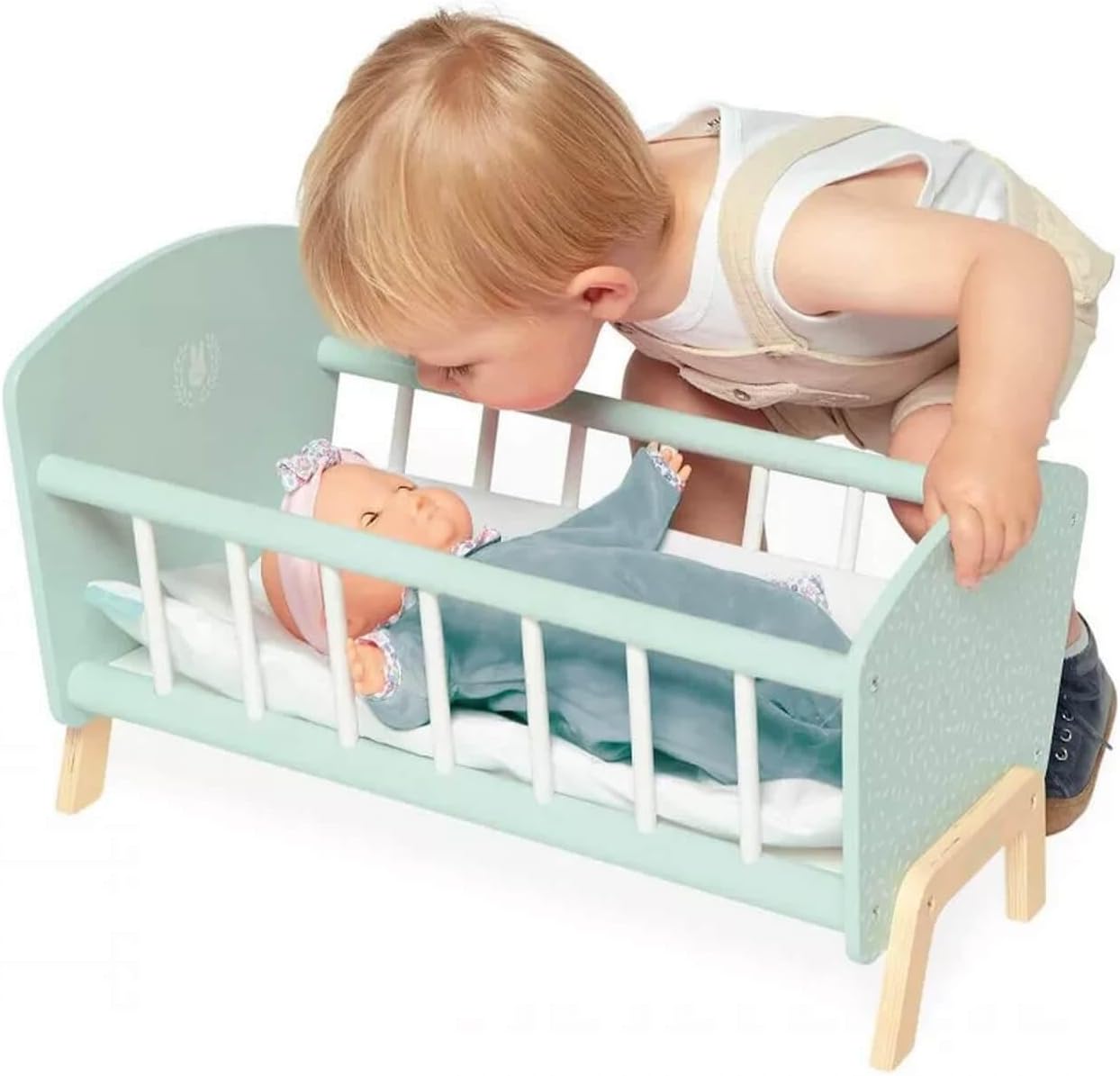 Janod - FSC Wooden Zen Crib - Imitation Set - Doll Crib with Rabbit Pillow and Blanket - Pepona Accessory - From 3 Years, J05902