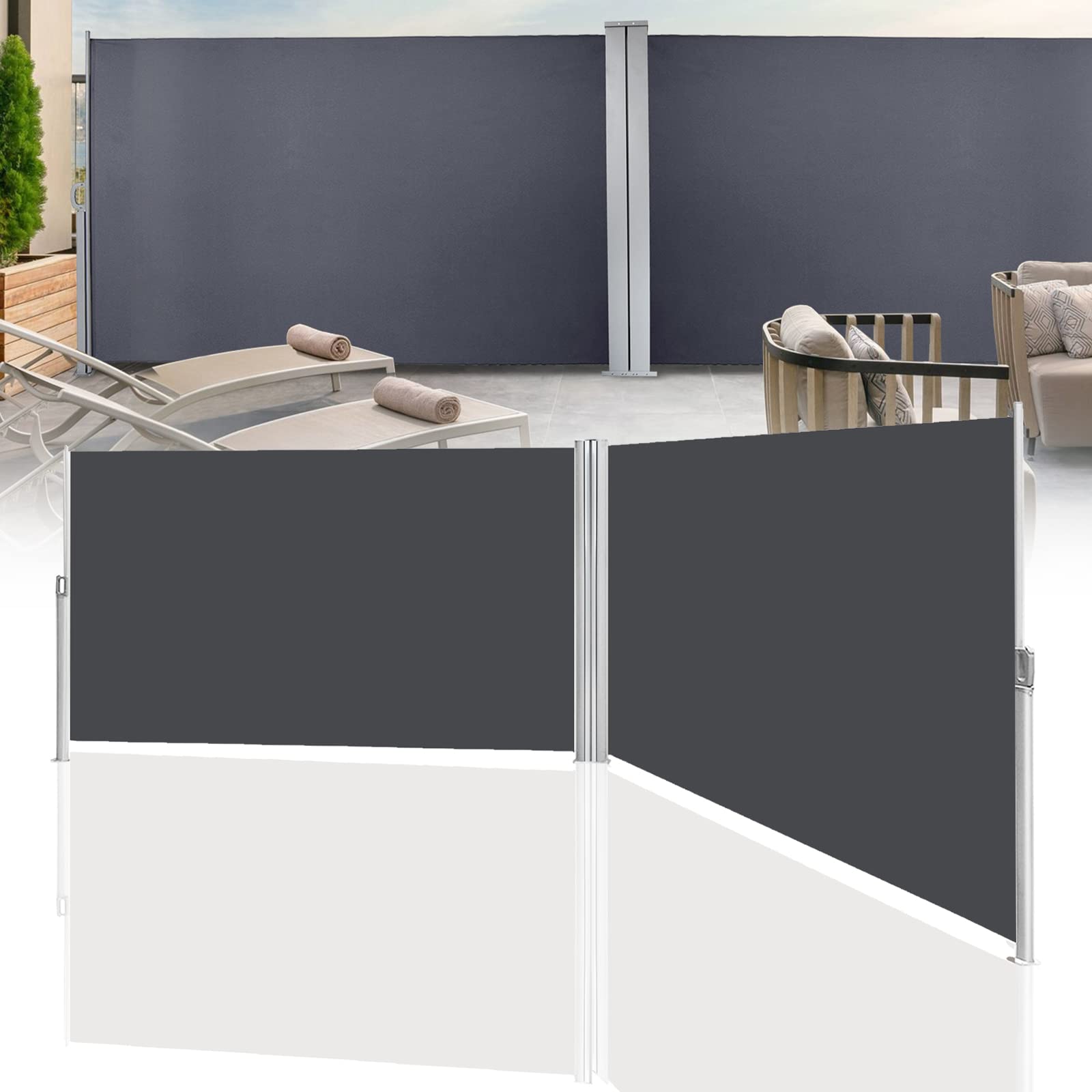 doppel sichtschutz markise Tubiaz Ausziehbar Seitenmarkise 180x600cm, Blickdicht Sichtschutz, Windschutz, Sonnenschutz, Balkon Seitenrollo Markise, Ausziehbarer Terrasse, Wandmarkise, Grau Size:29 x 2.35