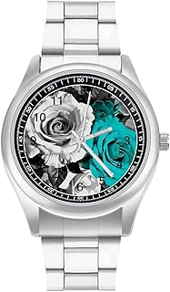 Black White Teal Gray Rose Flowers Wristwatch for Men Women Modern Fashion Business Stainless Steel Watch Alloy Case Stylish Luxury Casual Wrist Watch Easy Reader Unisex Analog Watches