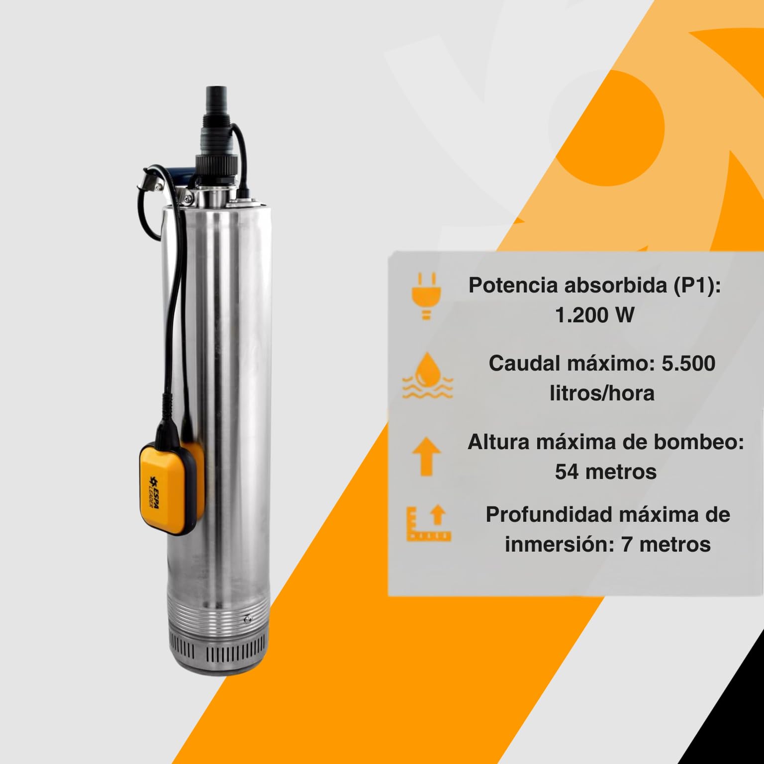 ESPA LEADER Bomba Sumergible BORA 95 4M para Aguas Limpias, 1200W, Caudal Máx 5.500 l/h, Altura Bombeo 54m, para Suministro Doméstico, Riego y Goteo, con Interruptor de Nivel, Acero Inoxidable