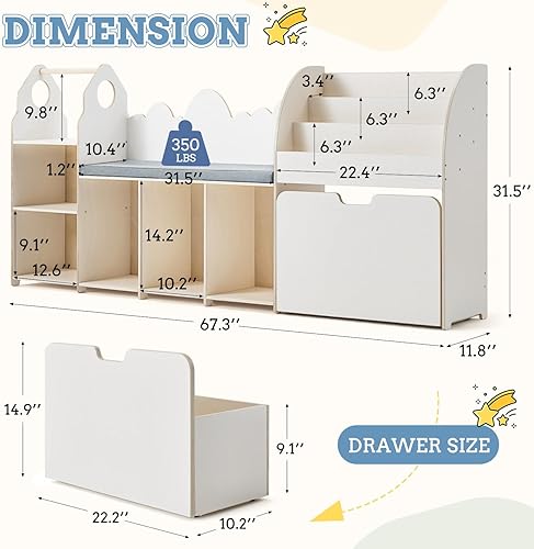 Miniatura 4 de Rincón de lectura para niños de 67 pulgadas con banco, organizador de almacenamiento de juguetes con cojín de asiento, 6 cubos de almacenamiento,